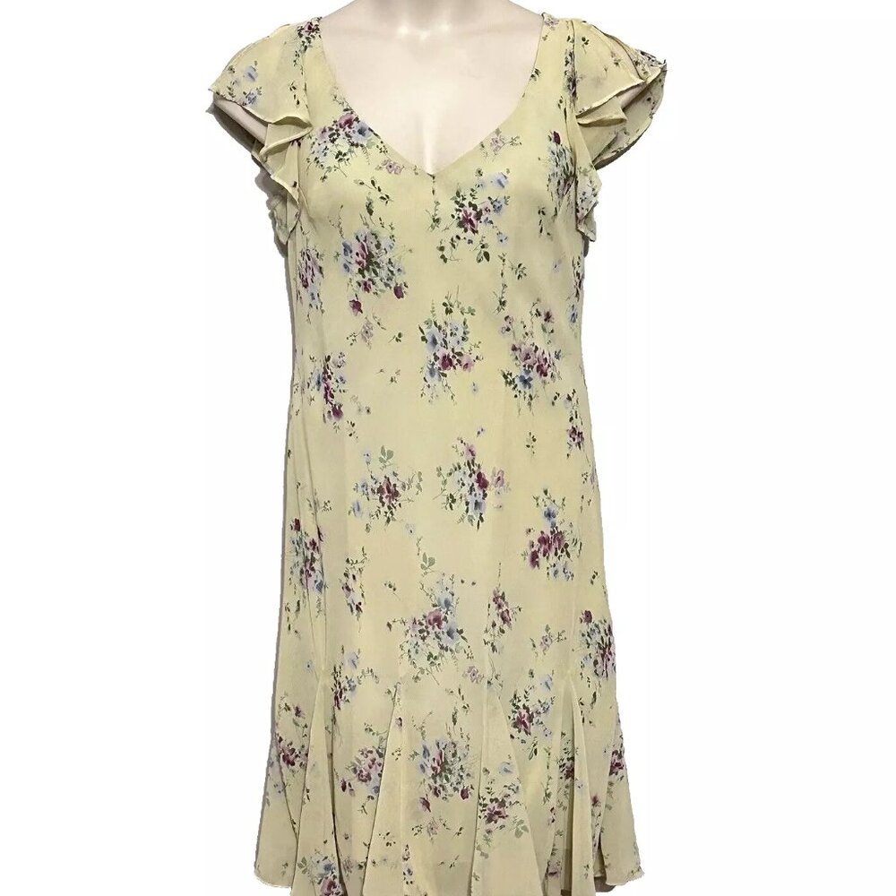 Vintage Scarlott Women Dress 14 Yellow Floral Ruffle Hem Shift Fairy Cottagecore